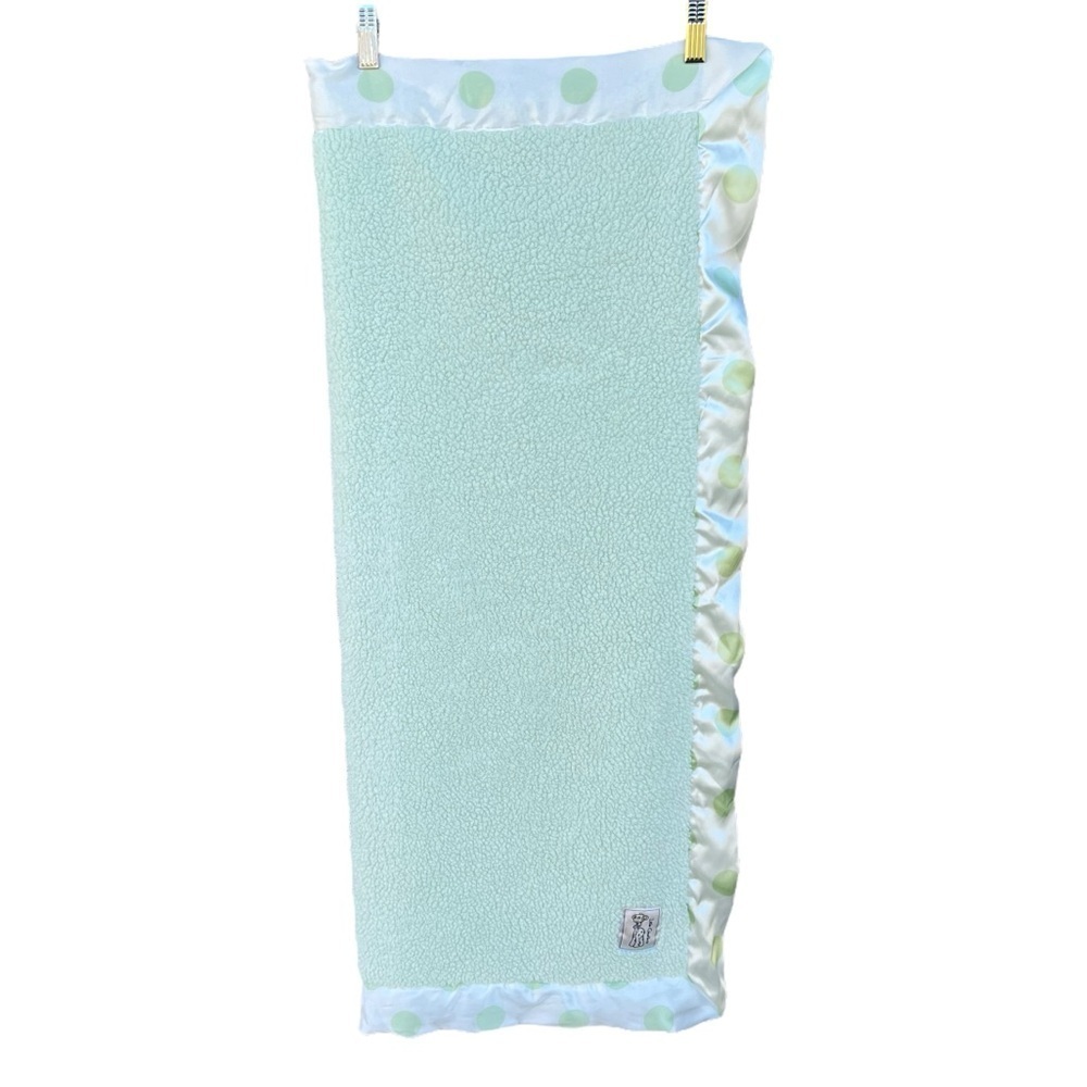 Little Giraffe Mint Green Chenille Baby Blanket Polka Dot Satin Trim 31x37 GUC